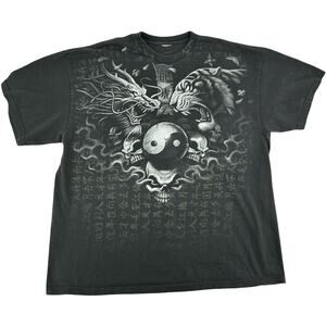 VTG y2k Men's Black Liquid Blue Yin Yang Skull Dragon Tiger Graphic T Shirt~ 2XL